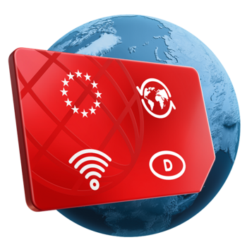 Rote SIM Karte mit folgenden Symbolen auf blauer Weltkugel: Internet, Deutschland, Europa, Um die Welt