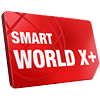 Rote SIM Karte mit dem Tarif Smart World X+: 50 GB Internet Flat auf blauer Weltkugel